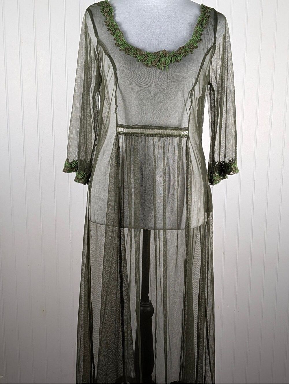 Whimsygoth Sheer Mesh Gown Overlay Sage Green Floral Ribbon Embroidery Fairycore